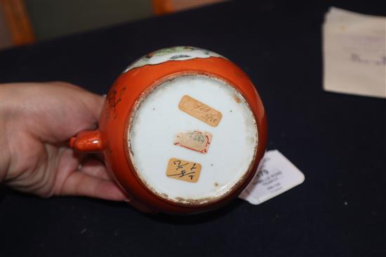 A Chinese coral ground famille rose teapot, late 19th century, H. 13cm